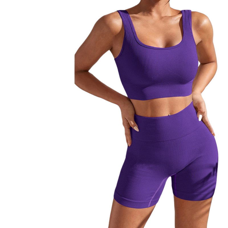 Purple bra and pant set for women with ribbed stretch fabric and gym-ready support