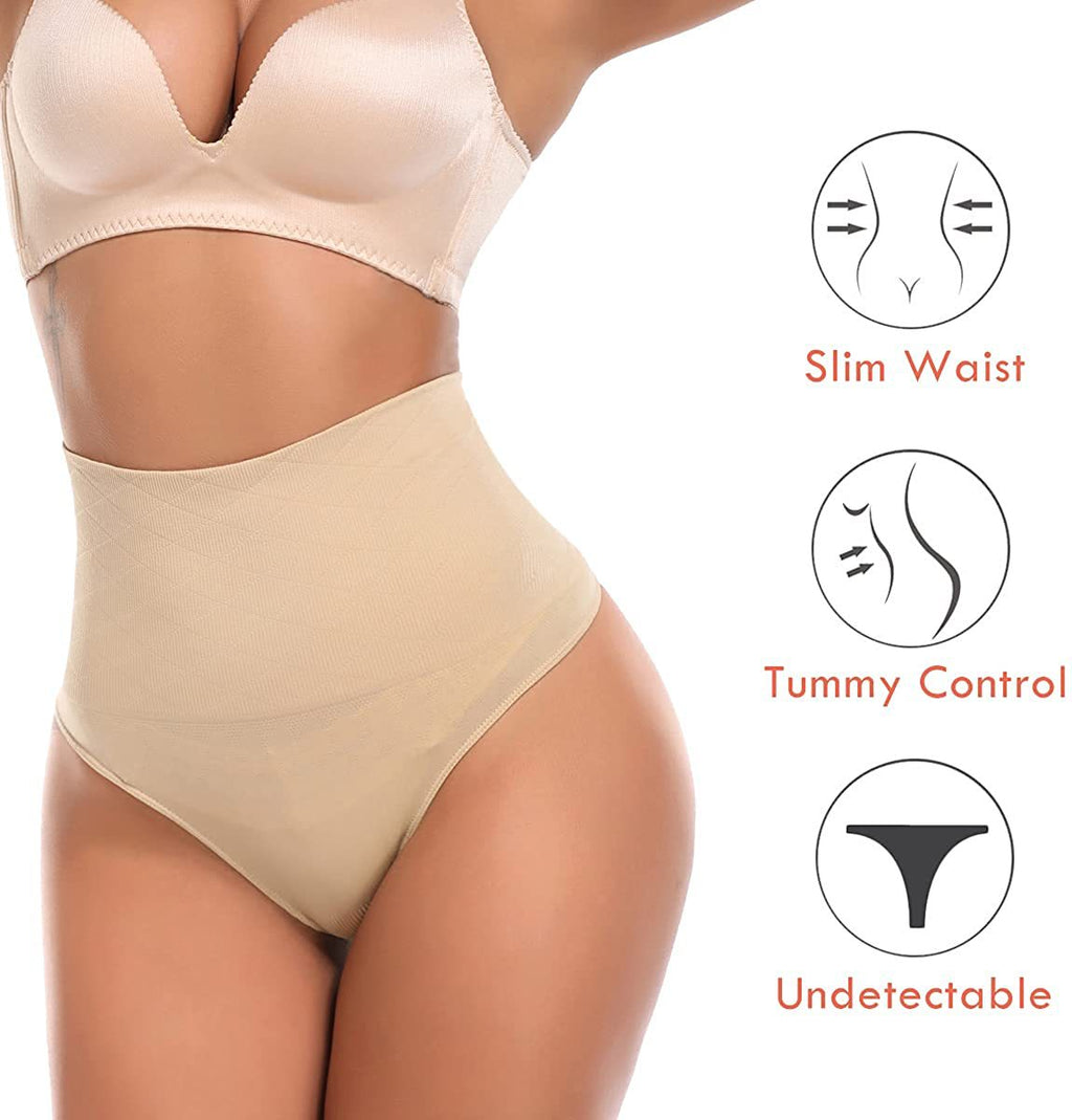 Beige seamless thong shaper with slim waist tummy control and undetectable fit