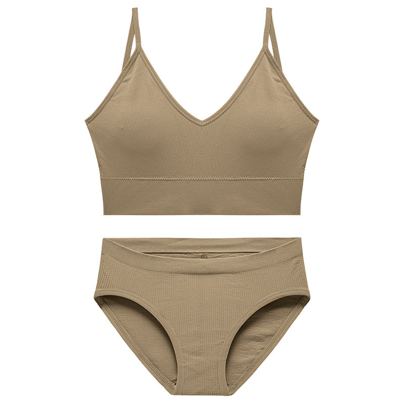 Light brown wireless bra set for women with soft bra and seamless brief