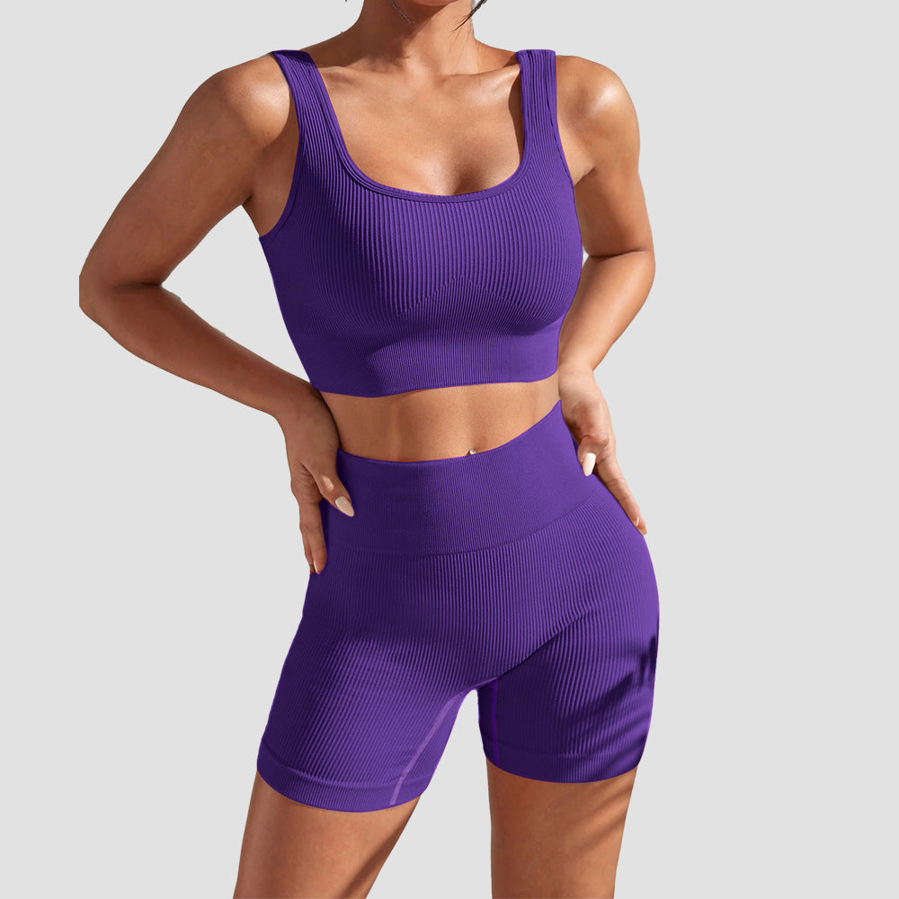 Purple activewear bra and pant set with smooth compression and body-hugging fit