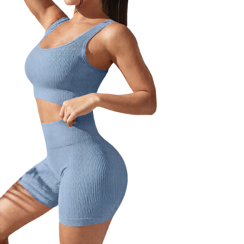 Side view of blue bra and pant set with seamless stretch workout fit