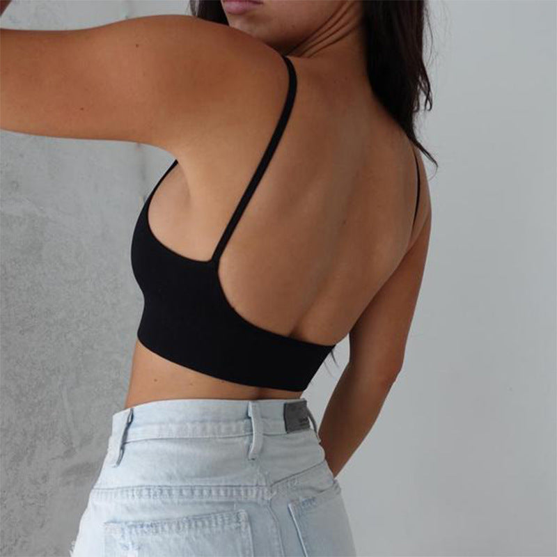 Side back view of black seamless camisole support bra with comfortable thin straps