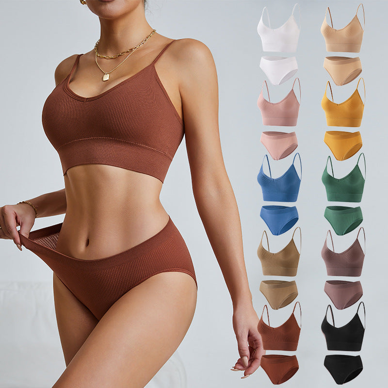 Brown wireless bra set for women with soft stretch fabric and matching brief