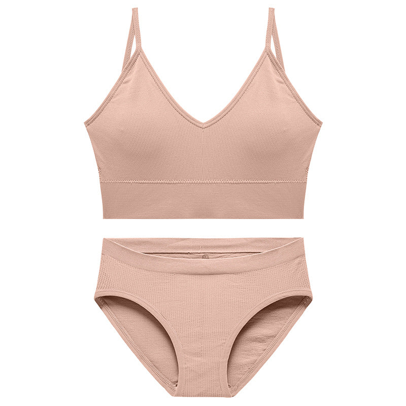 Pink seamless wireless bra and brief set with soft support