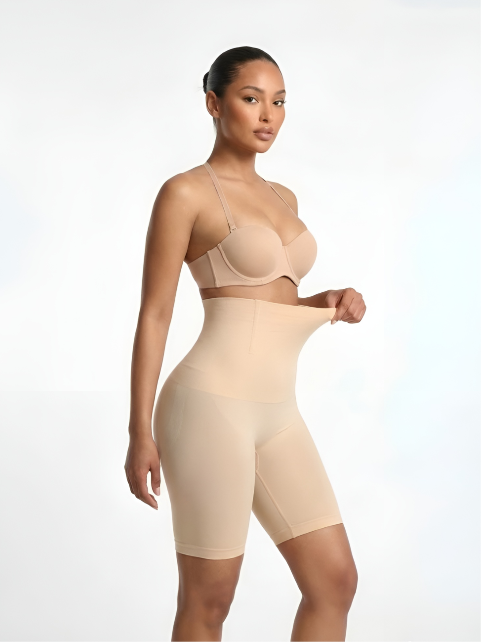 Side view of nude butt-lift shaping shorts with tummy control and smooth thigh shaping
