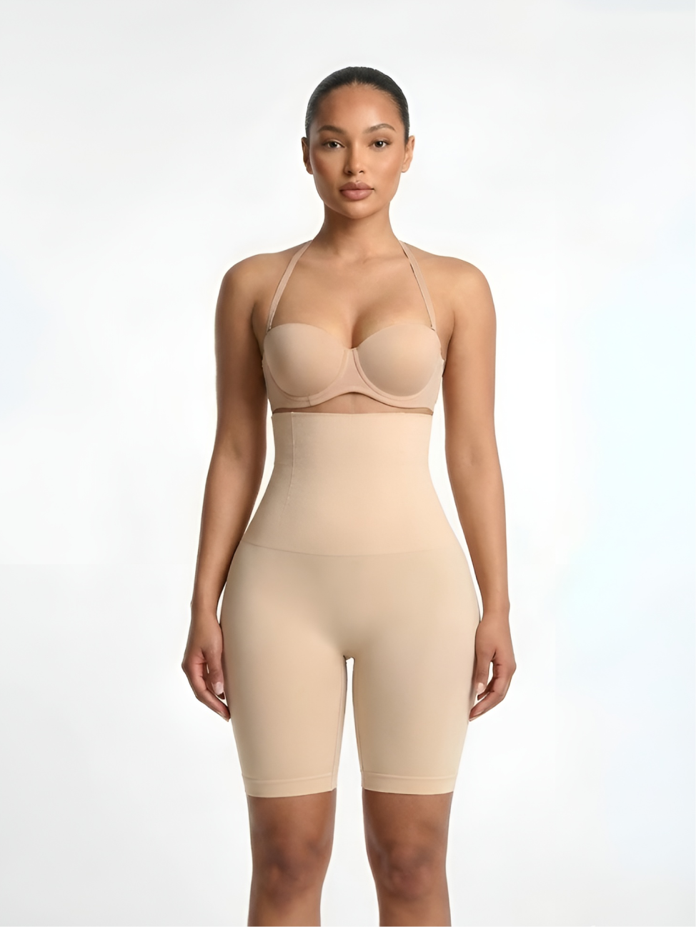 Nude butt-lift shaping shorts for women with smooth waist support and thigh coverage
