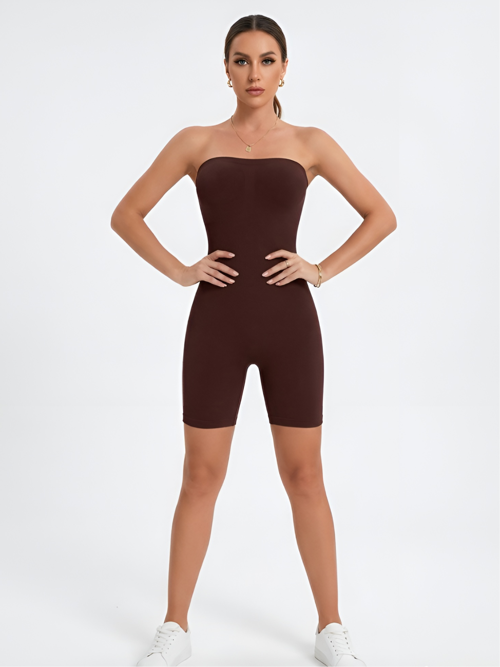 Brown strapless shorts shaper for women with smooth tummy control and thigh coverage