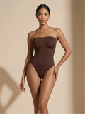 Brown strapless thong shaper for women with seamless tummy control and sculpting fit