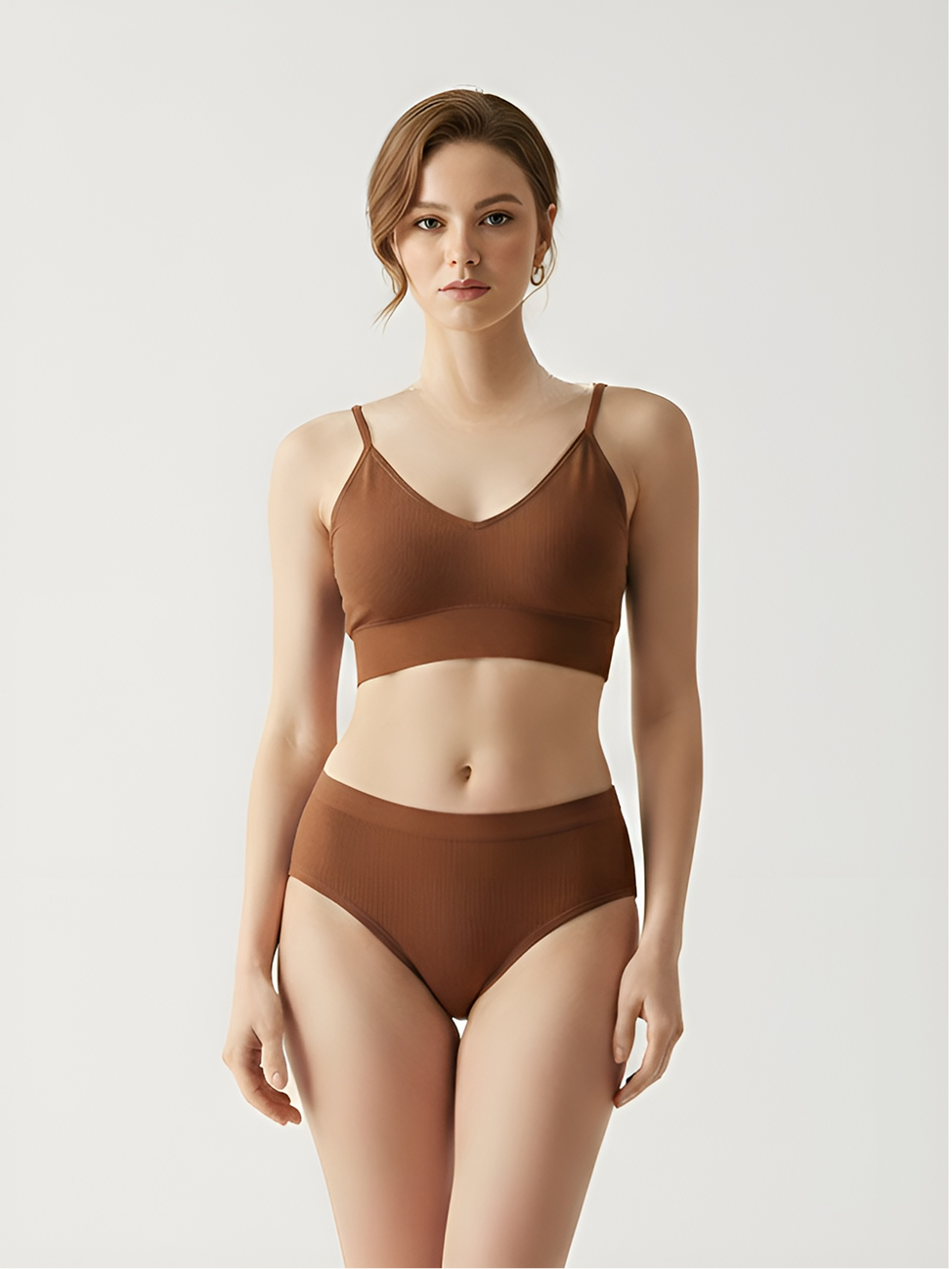 Brown wireless bra set for women with soft support and matching underwear
