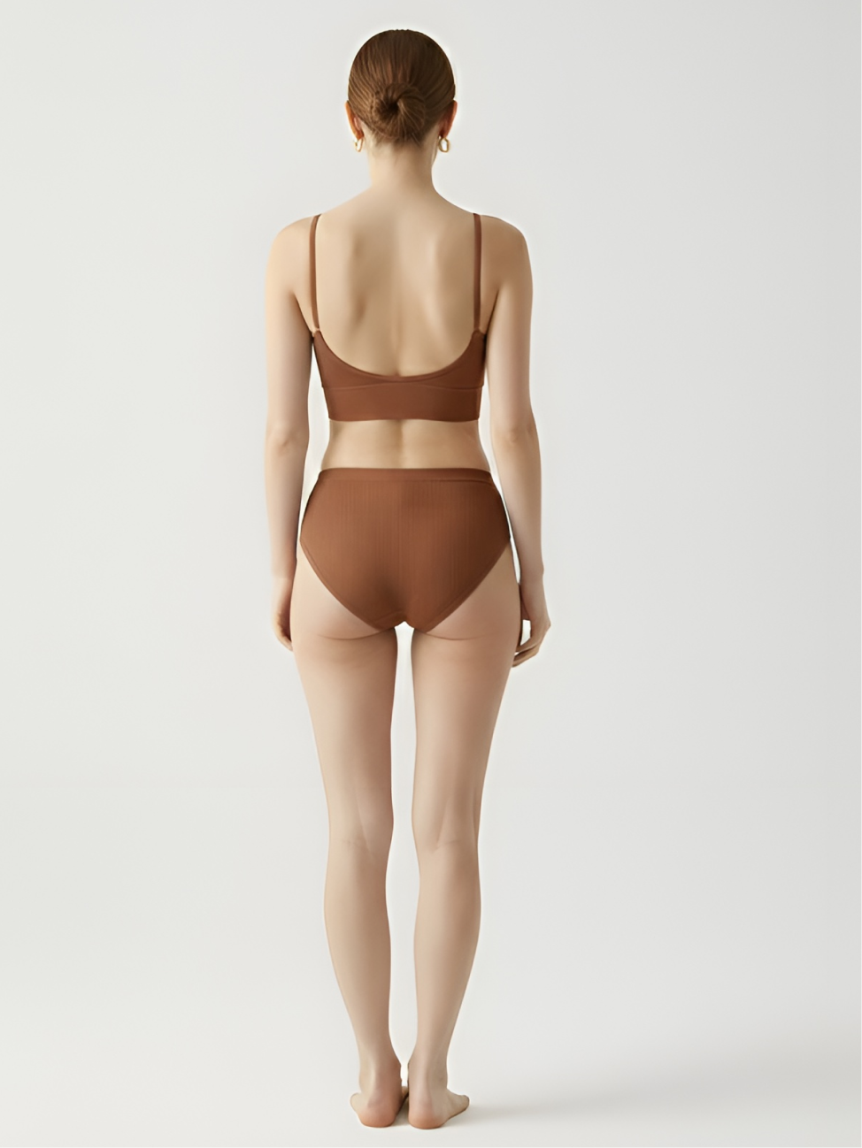 Back view of brown wireless bra set with smooth stretch fit