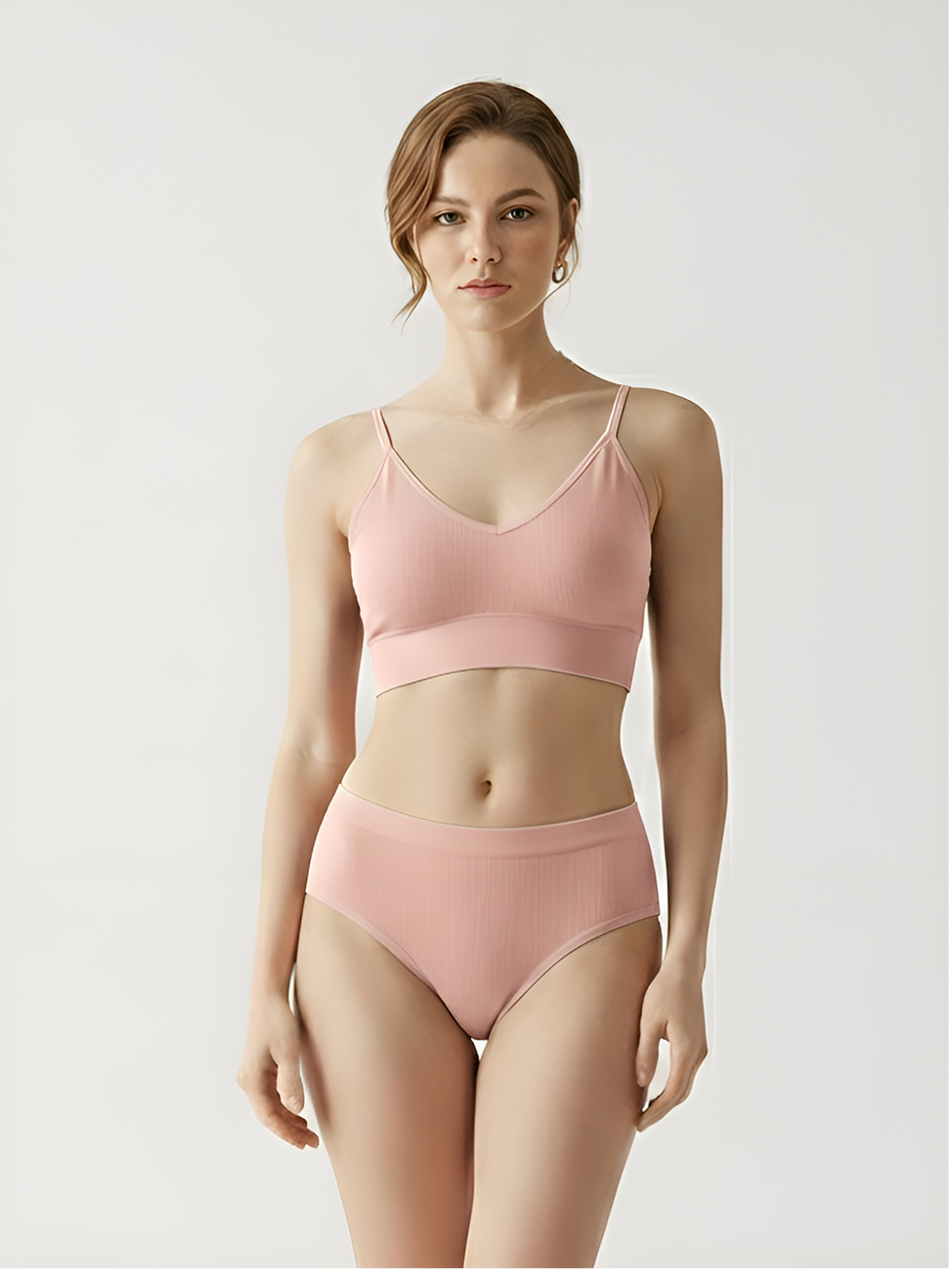 Pink wireless bra set for women with soft bra and matching brief