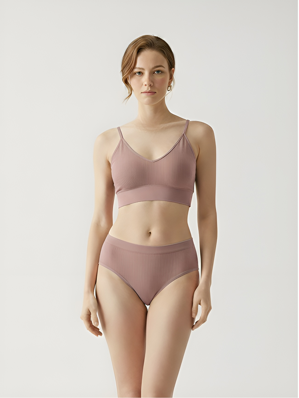 Rose gold wireless bra set for women with soft support and matching brief