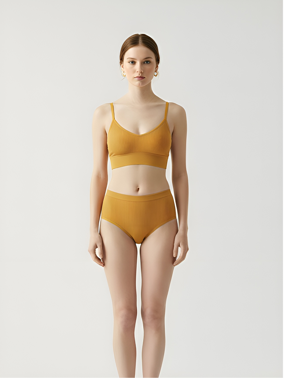 Yellow wireless bra set for women with soft support and matching underwear