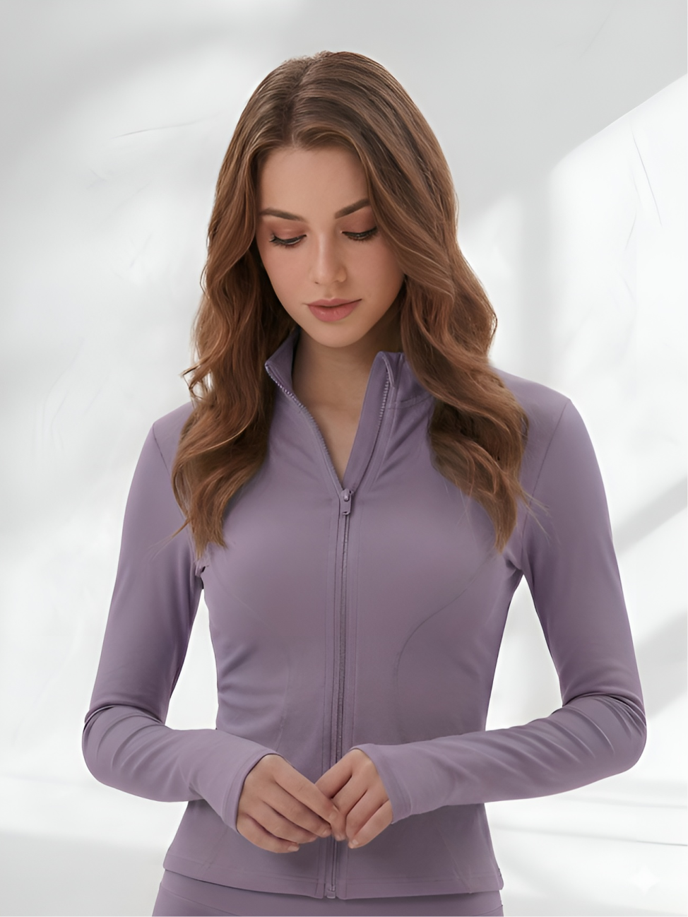Close-up of purple yoga wear set with fitted zip-up activewear jacket