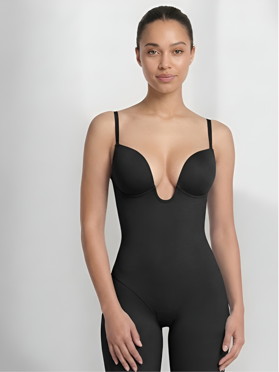 Black backless shorts bodysuit for women with deep plunge front and body shaping support