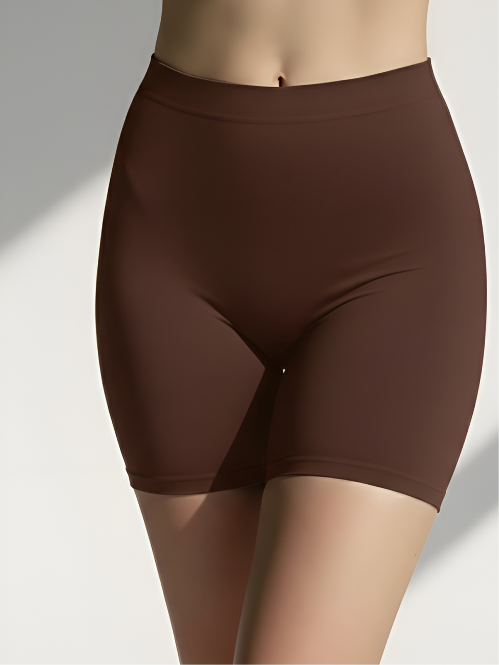 Brown seamless anti-chafing shorts for women with high waisted tummy control fit