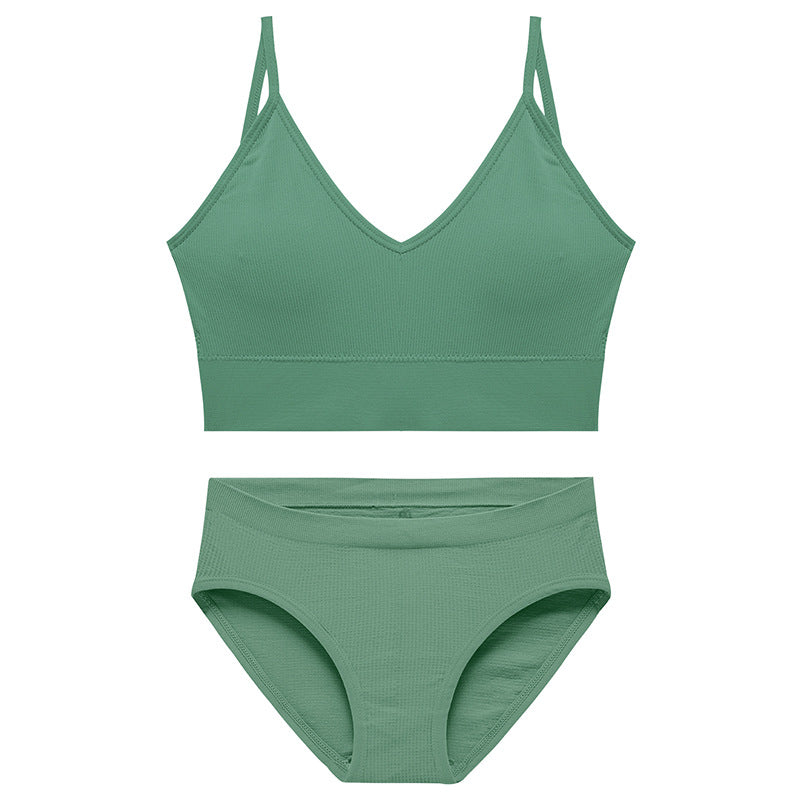 Green wireless bra set for women with matching seamless brief