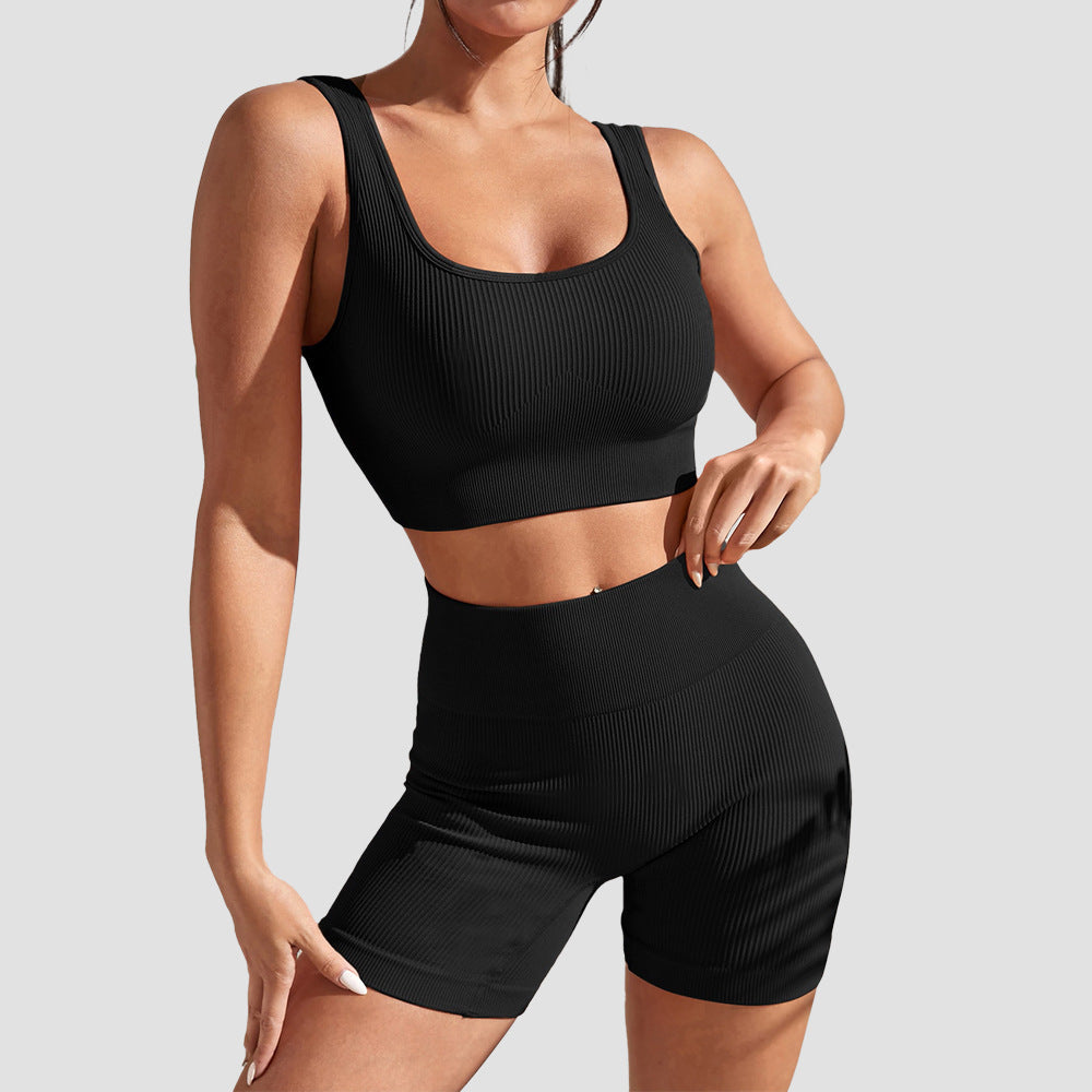 Black matching bra and shorts set for gym, yoga, and everyday workouts