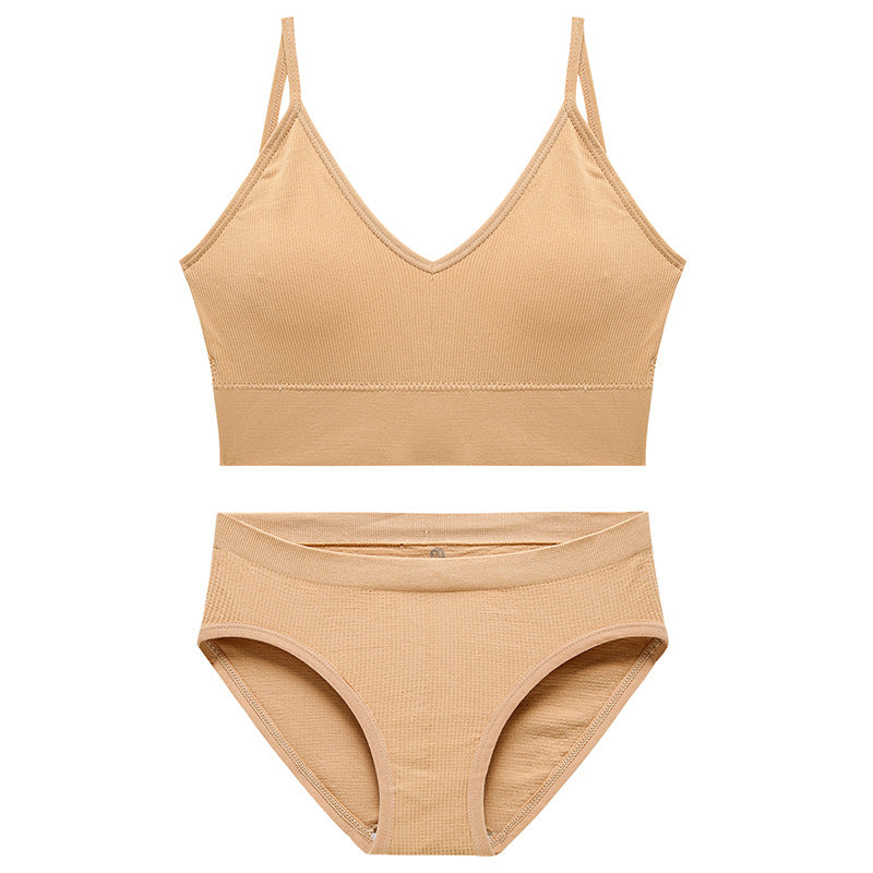 Nude wireless bra set for women with soft bra and matching brief