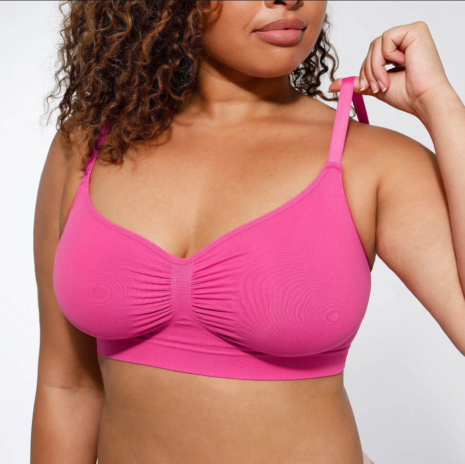 Pink wireless push-up bra with seamless stretch and comfortable lift