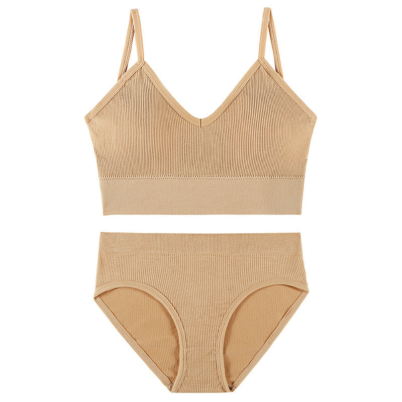 Beige wireless bra set for women with matching seamless brief